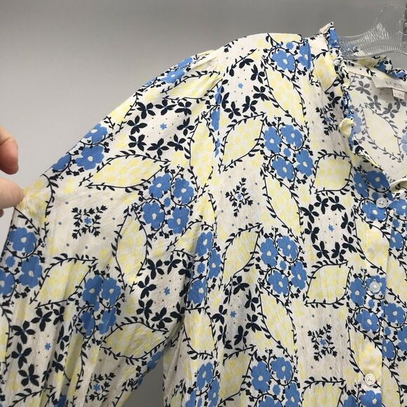 LOFT Outlet Top Womens Large Blue Yellow Floral Button Up Ruffle Collar - Picture 3 of 8